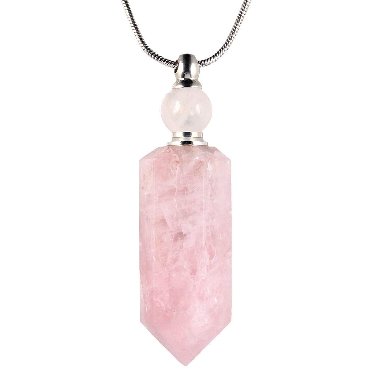 TUMBEELLUWA Essential Oil Diffuser Aromatherapy Stone Pendant Necklace for Unisex,Healing Crystal Point Gemstone Necklace for Women and Men, Rose Quartz Stone