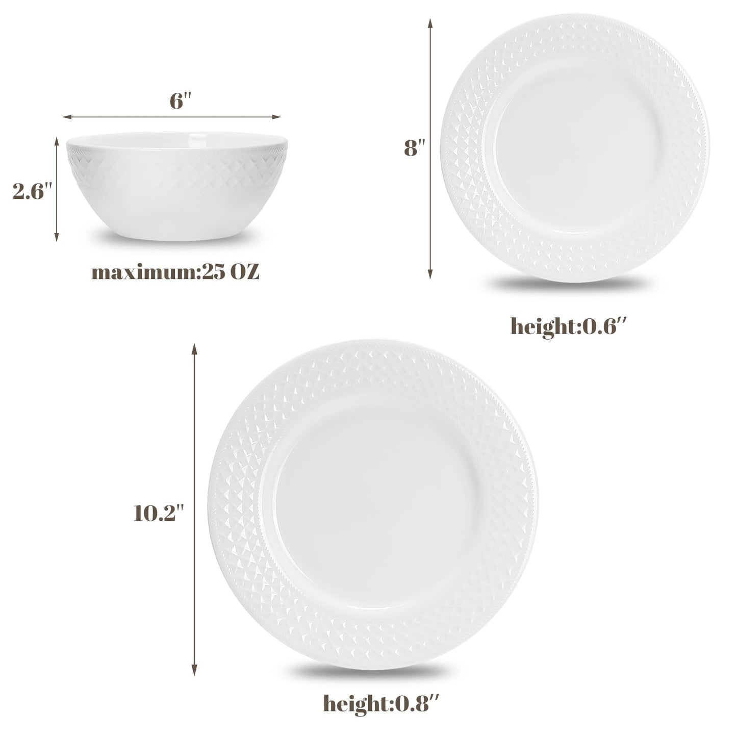 QUANSHANGJU 18-Piece Bone China Dinnerware Set for 6, White Porcelain Plates and Bowls with Textured Design, Lightweight Microwave Dishwasher Safe for Family Dining