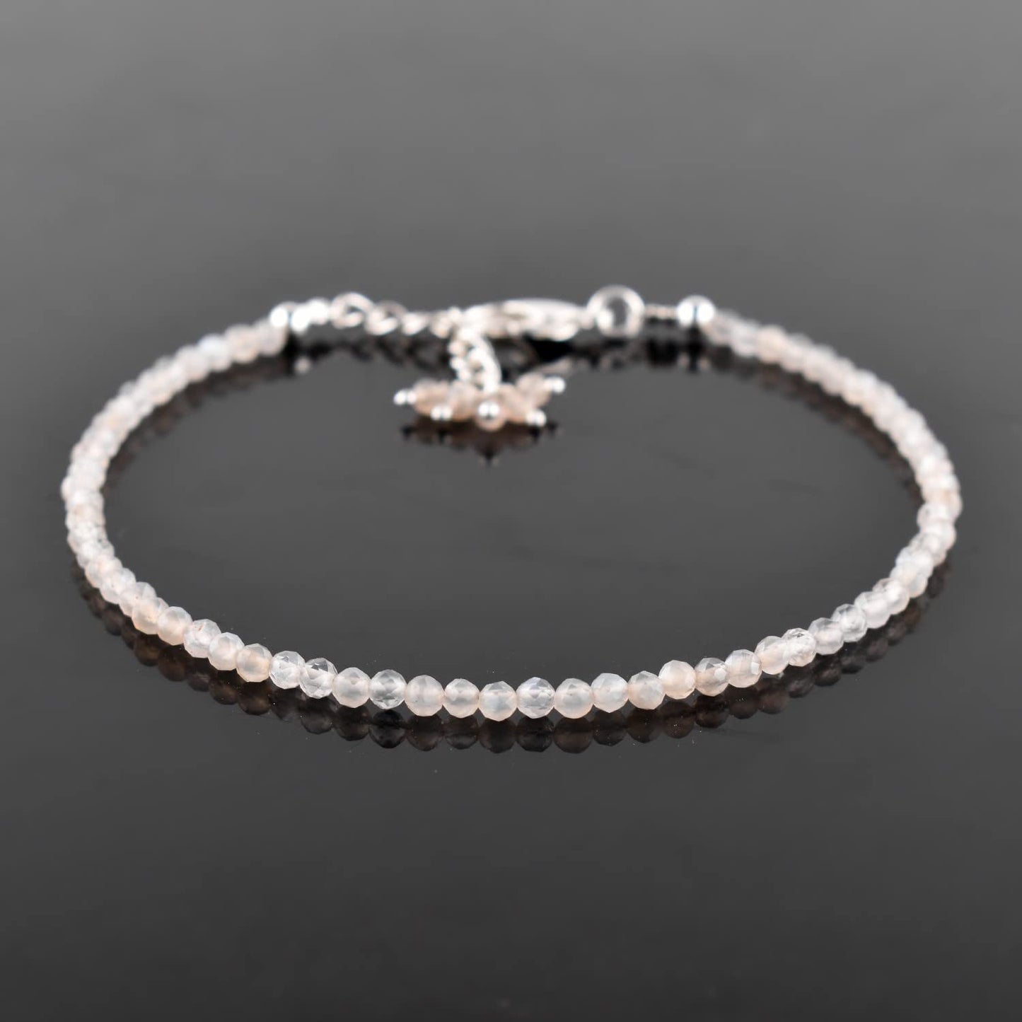 QNAVIC Grey Moonstone Micro Beads Dainty Bracelet for Women, Natural Gemstone Jewelry, Healing Chakra Crystals June Birthstone Gift for Her, Silver Plated Chain 8 inch