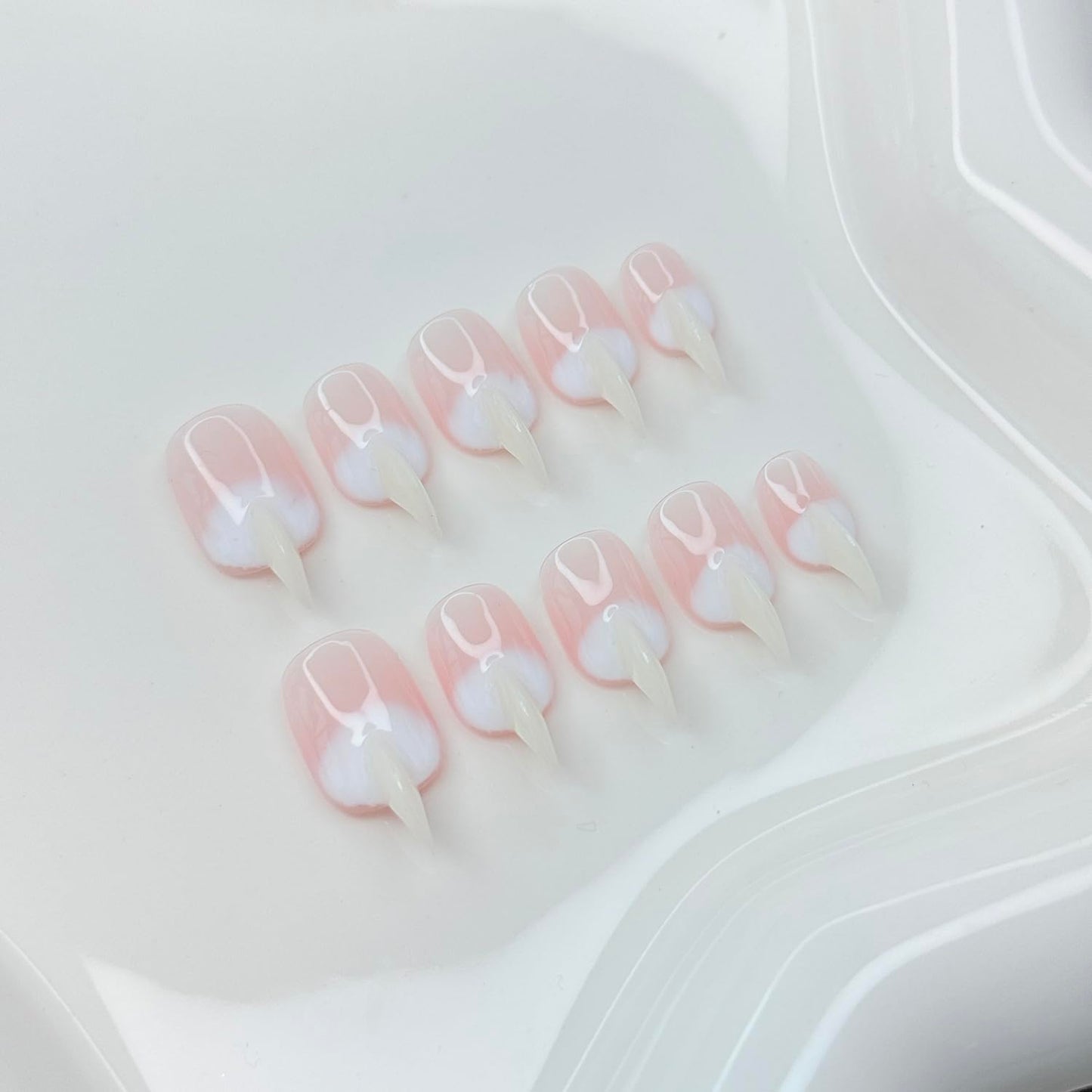 10 Pcs Handmade Press on Nails Medium Curved Stiletto Cat Claw Fake Nails Unique Pink White Designs Thick 3D Cat Claw Nails Press Ons Reusable Glossy Acrylic French Gradient Stick on Nail (S)