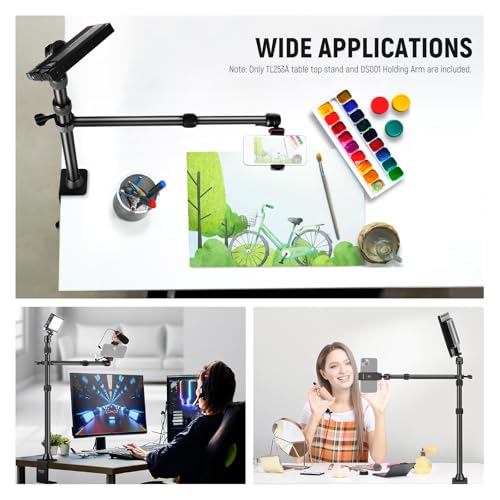 NEEWER Desk Stand with 2 Telescopic Boom Arms Phone Holder for Mic Camera Webcam Ring Light, Desktop Overhead Microphone Mount with C Clamp, Ball Heads, Screw Adapter, Cleaning Cloth, TL253A+DS001 - style: TL253A+DS001 w/Cleaning Cloth