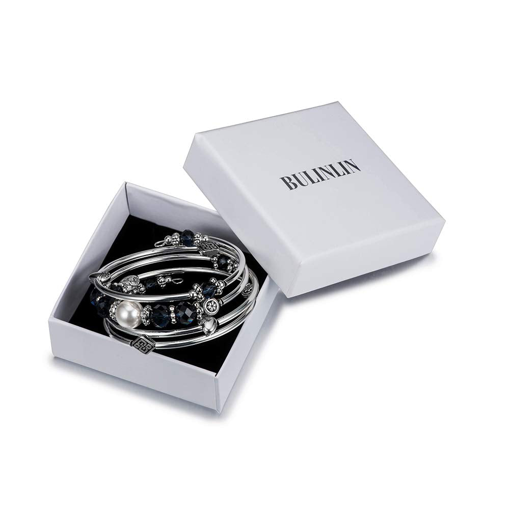 BULINLIN Bead Wrap Bangle Pearl Bracelet - Silver Metal Bracelet Gifts For Women(04-Navy blue)