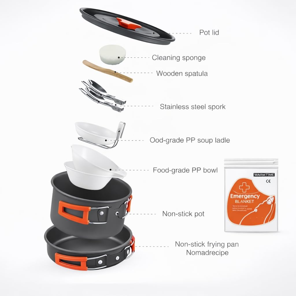 12 PCS Lightweight Camping Cookware Set – Non-Stick Pots, Pans & Utensils for Backpacking, Hiking & Outdoor Cooking – Compact Mess Kit for 1-2 People Give Away an Emergency Blanket as a Gift