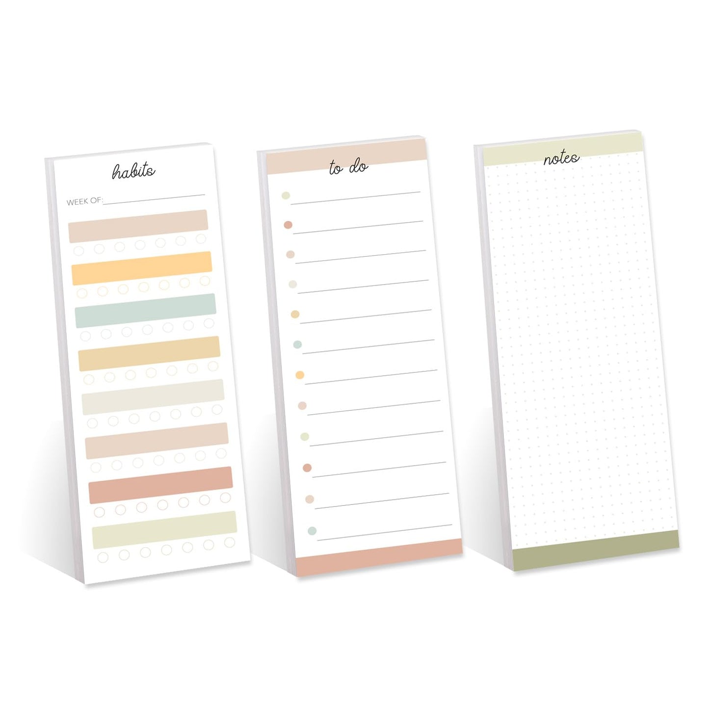 Productivity Sticky Note Assortment/Set of 3 Multi-Color Note Pads / 3" x 8" Daily Task Trackers / 50 Sheets Per Pad/Made in USA
