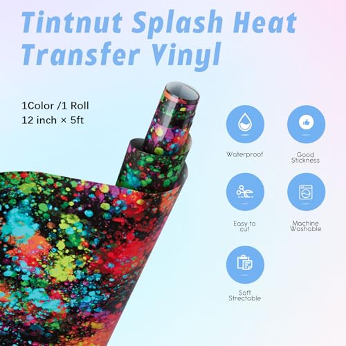 Tintnut Splash Heat Transfer Vinyl Roll - 12" x 5ft Mutilcolor Watercolor Ink Patterned HTV Splatter Iron On Vinyl DIY T-Shirts Hats Clothes Canvas Bags - color: Black