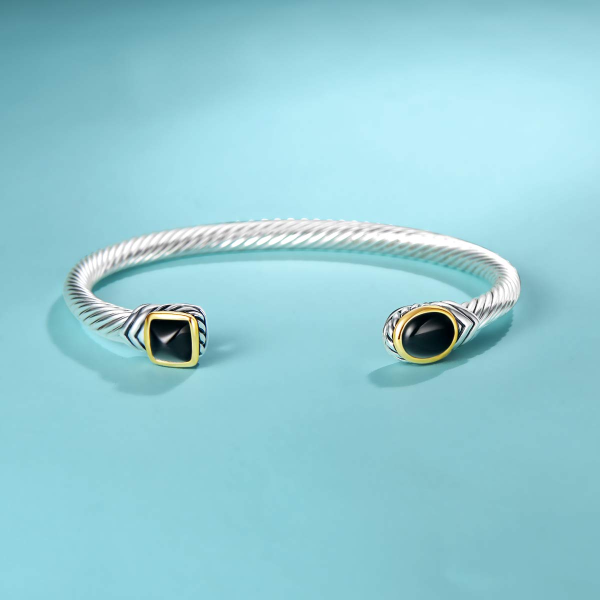 UNY Jewel Bracelet Designer Brand Inspired Women Jewelry 4.5mm Thin Twisted Cable Wire Bangle Gem Stone Christmas Day Gift (Black Onyx)