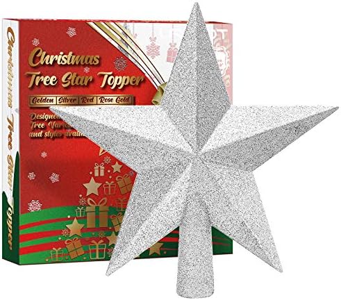 URATOT Glittered Christmas Star Tree Topper Christmas Decorative Holiday Treetop Shatterproof Star Ornament for Holiday Christmas Tree Decoration, Silver, 6 Inch