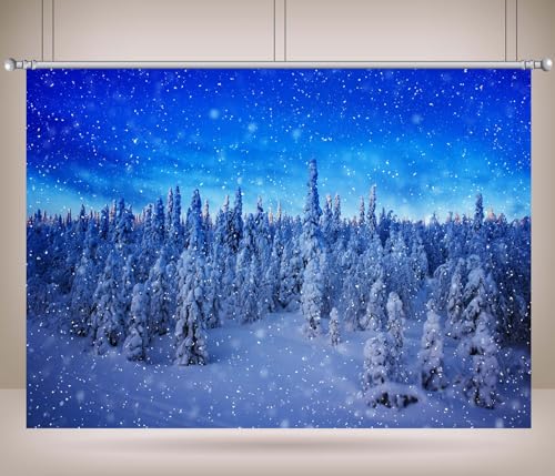 BELECO 8x6ft Fabric Winter Snow Forest Backdrop Snowy Pine Forest Snowflakes Blue Winter Wonderland Background Christmas Party Decorations Banner Photo Video Props - size: 8x6FT