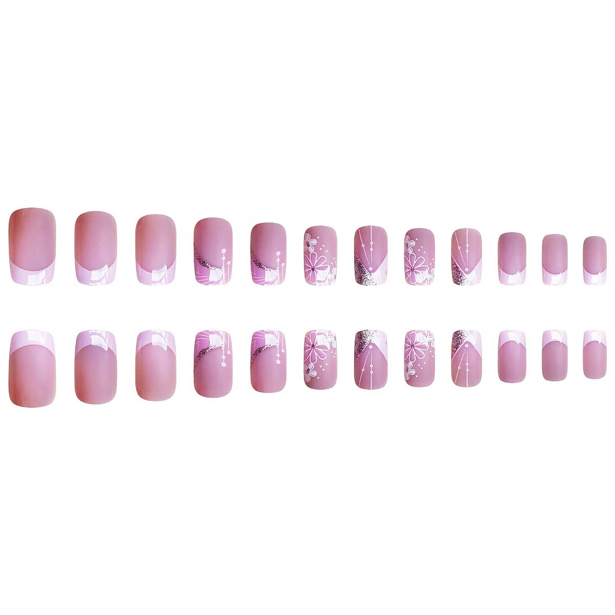 24Pcs Pink French Tip Press on Nails Short Square Fake Nails Spring Cherry Blossoms with Line Design Nude Pink False Nails Stick on Nails Full Cover Artificial Glue on Nails for Women DIY Manicure