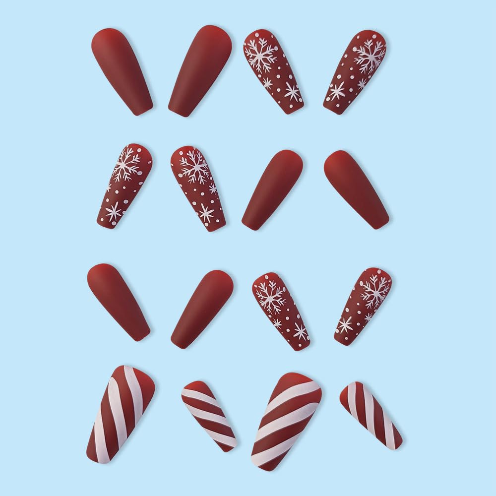 Christmas Press on Long Coffin False Nails Red Matte with Design Snowflake White Stripe Glue on Full Cover Winter Xmas Acrylic Stick on Nails for Women Manicure 24 Pcs