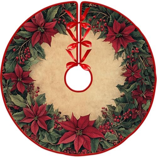 Poinsettia Flowers Christmas Tree Skirt 48 Inch by Leo Walker, Christmas Tree Ornaments, Rustic Xmas Tree Skirts Mat for Home Decor Xmas Party Tree Holiday Decorations