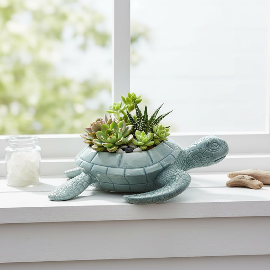 Comfy Hour 9" Sea Turtle Figurine Style Succulent Planter, Decorative Animal Flower Pot for Cactus and Small Plants, Ocean Theme Home Decor Statue (Light Blue)