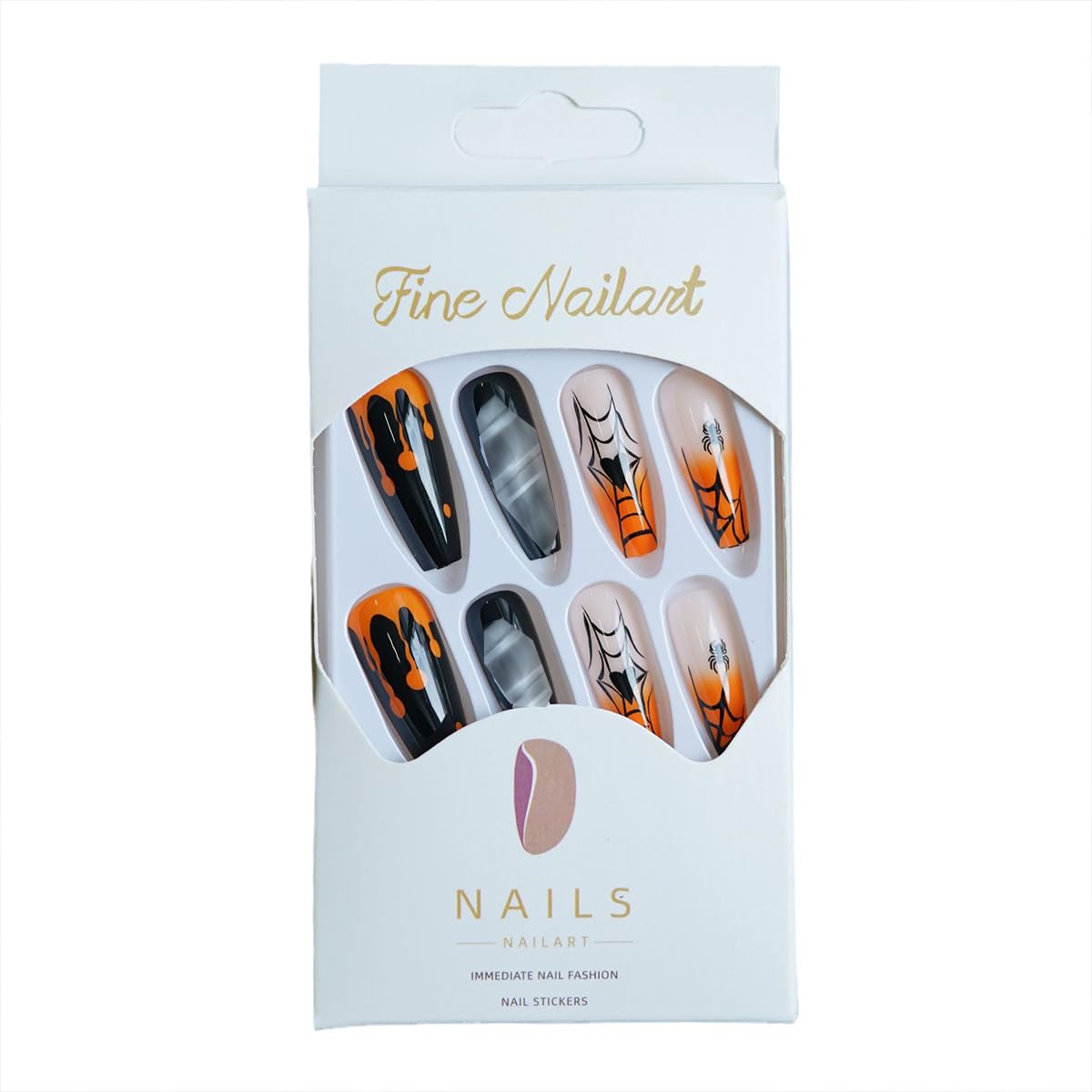 Halloween Press on Nails Long Square Fake Nails with Designs Spider Web Ghost Coffin False Nails Reusable Natural Artificial Stick on Nails for Women Manicure 24Pcs