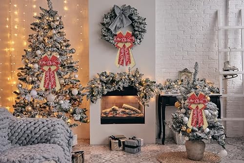 Hying Large Christmas Bows for Wreath, Christmas Wreath Bow Glitter Golden Red Burlap Bows Xmas Tree Topper Bows Ornaments for Front Door New Year Christmas Party Decoration Supplies