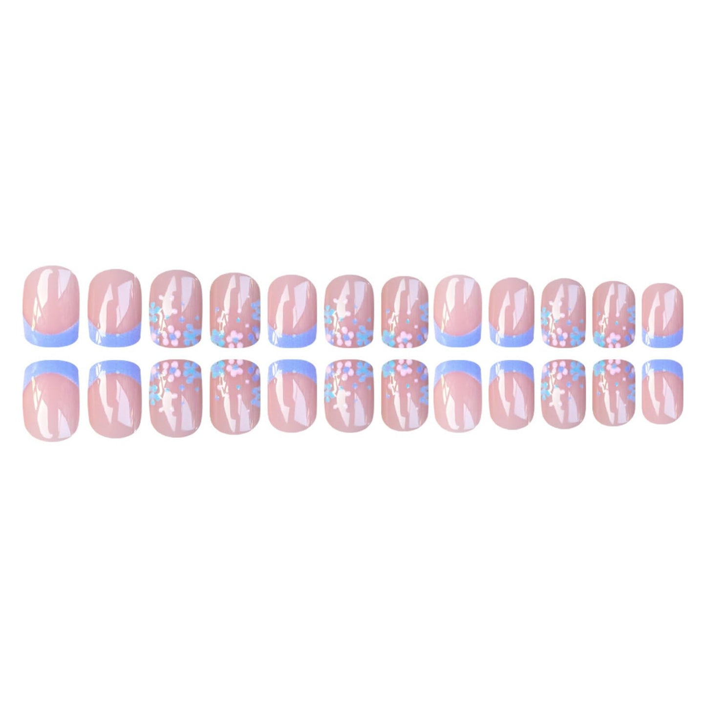 Short Square Press on Nails Soft Nude Pink Base Pastel Blue French Tips Pink Blue Glitter Stick on Nails Speckles Sleek Gentle Fresh Manicure Artificial Nails Suitable for Elegant Unique Chic 24 Pcs