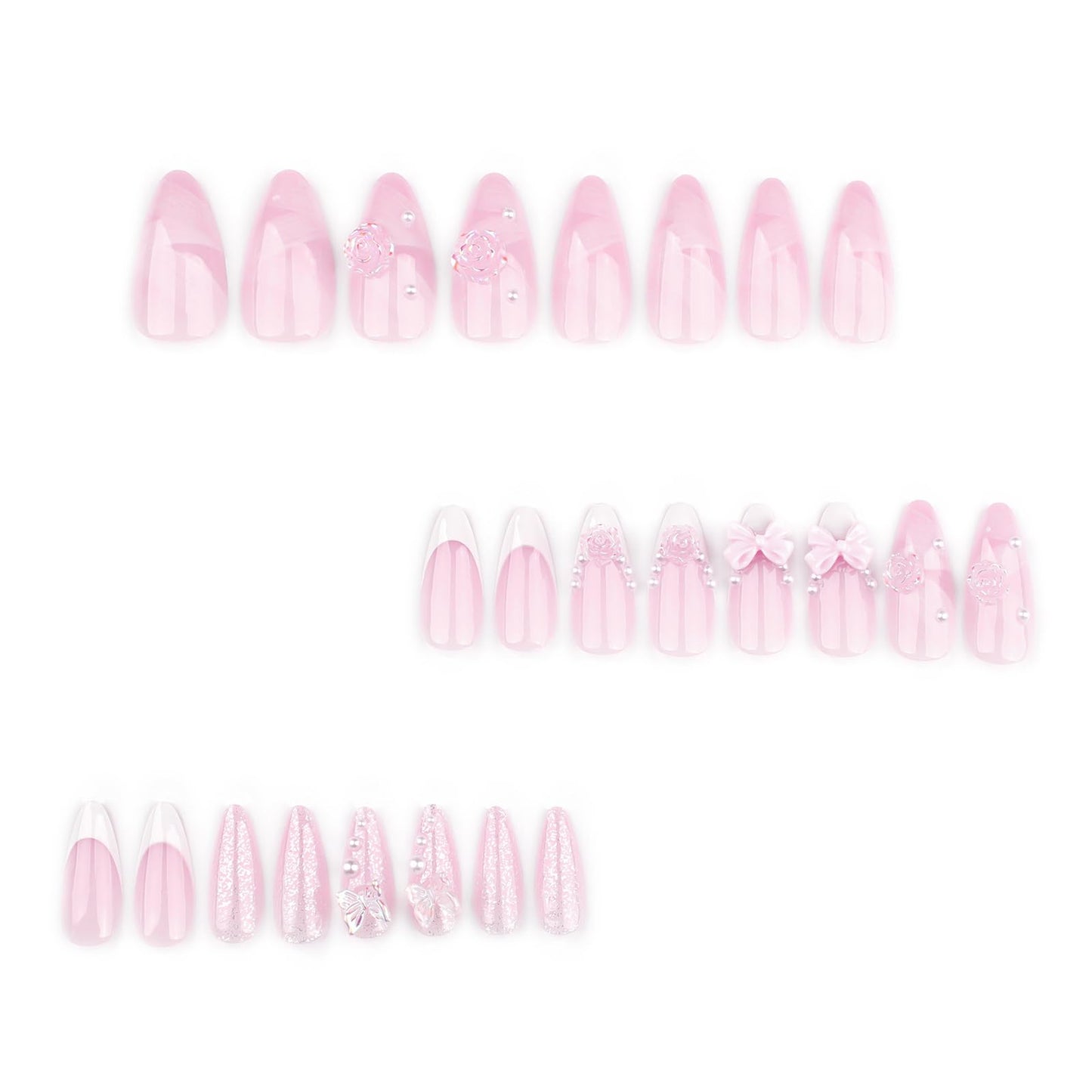 24 Pcs White French Tip Press on Nails Almond Medium Fake Nails with Glue Cute Pink False Nails with 3D Flower Bow Design Handmade Nails Glossy Holiday Glue on Nails Reusable Stick on Nails for Women