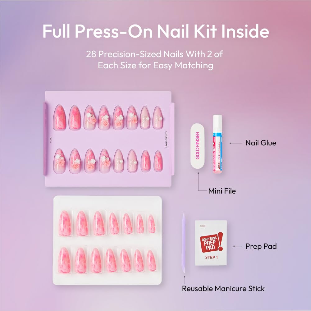 Glitzy 3D Handmade Press On Nail Kit, Rhinestone Gem Cloudy Pink Rose Long Almond False Nail, Reusable & Lasts Up To 2 Weeks, Seamless Snug Fit Technology, Includes Glue, File & 28Pcs Manicure Set