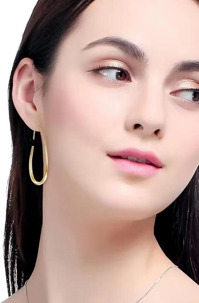 Lightweight Teardrop Hoop Earrings for Women - 14k Gold/White Gold Plated Large Oval Pull Through Hoop Earrings High Polished Statement Jewelry Gift for Women(gold 50 * 30)