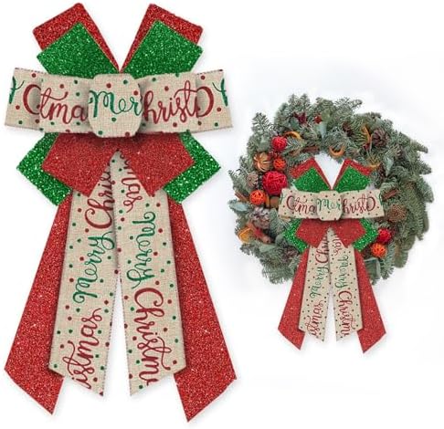 Large Merry Christmas Bow for Wreath, Glitter Red Green Wreath Bow for Christmas D??cor Winter Bow for Front Door Indoor Outdoor Wall Tree Topper Decoration Supplies Xmas Hanging Ornament