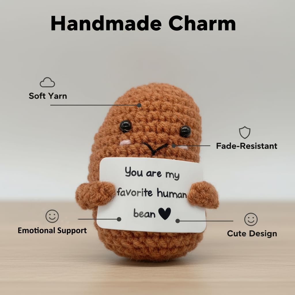 Funny Emotional Support Ornament, Creative Gift Handmade, Crochet Positive Bean Plush Doll with Motivational Message Card, Soft Yarn, 3x1.89 Inch, Desk Companion,Cute Doll,Positive Bean