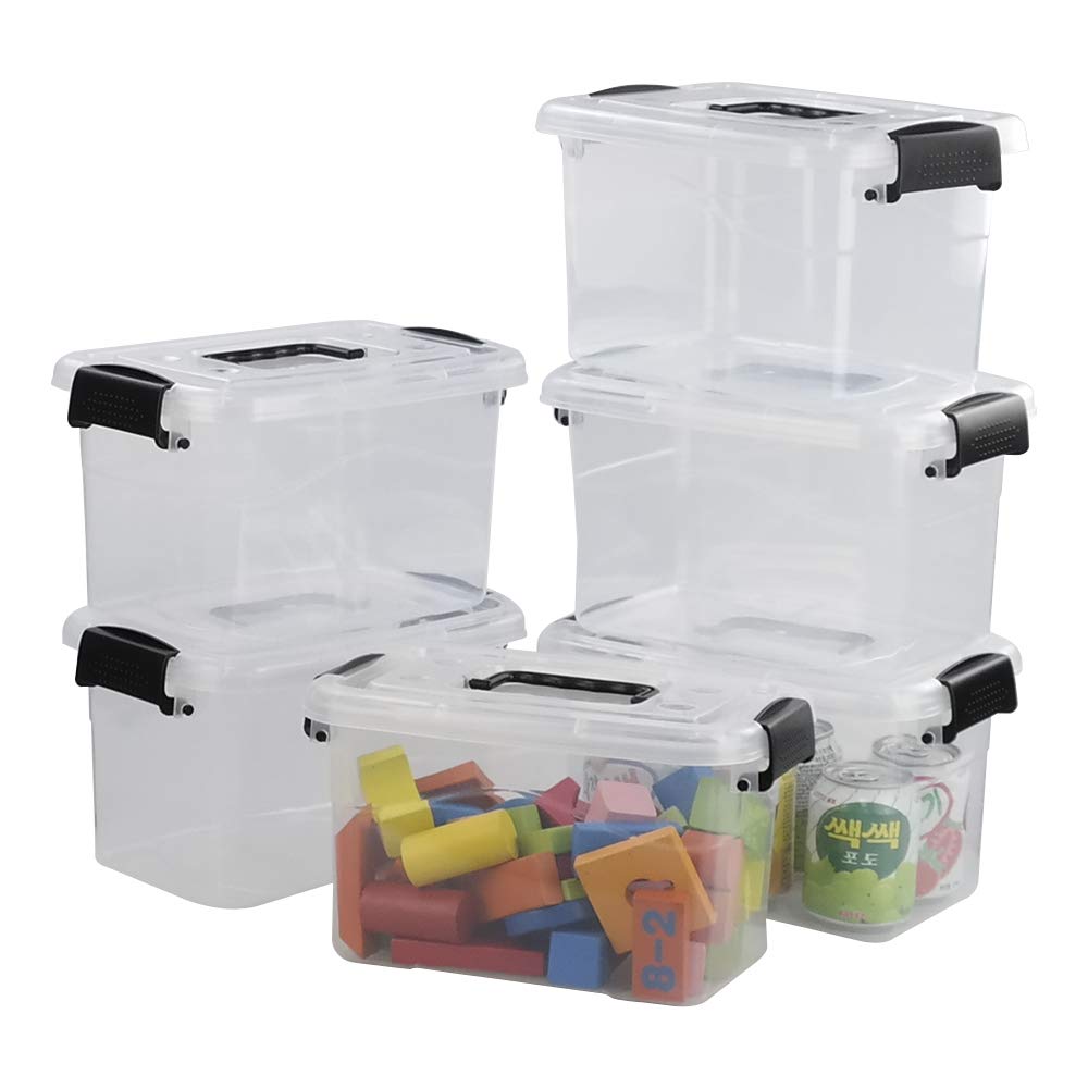 Doryh 5 L Plastic Storage Bin with Lid, Clear Transparent Box With Black Handles Set of 6