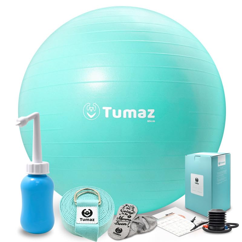 Tumaz Birthing Ball for Pregnancy & Labor - Including Birthing Ball/Peri Bottle/Yoga Strap/Non-Slip Socks for Exercises Set with Quick Foot Pump & Instruction Poster
