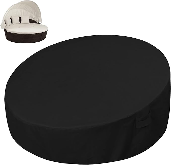 Easy-Going Heavy Duty 600D Outdoor Daybed Cover 92 Inch UV Resistant Patio Round Sofa Cover Waterproof Outdoor Canopy Daybed Sofa Cover with Air Vent 92" Dia x 35"/18" H, Black