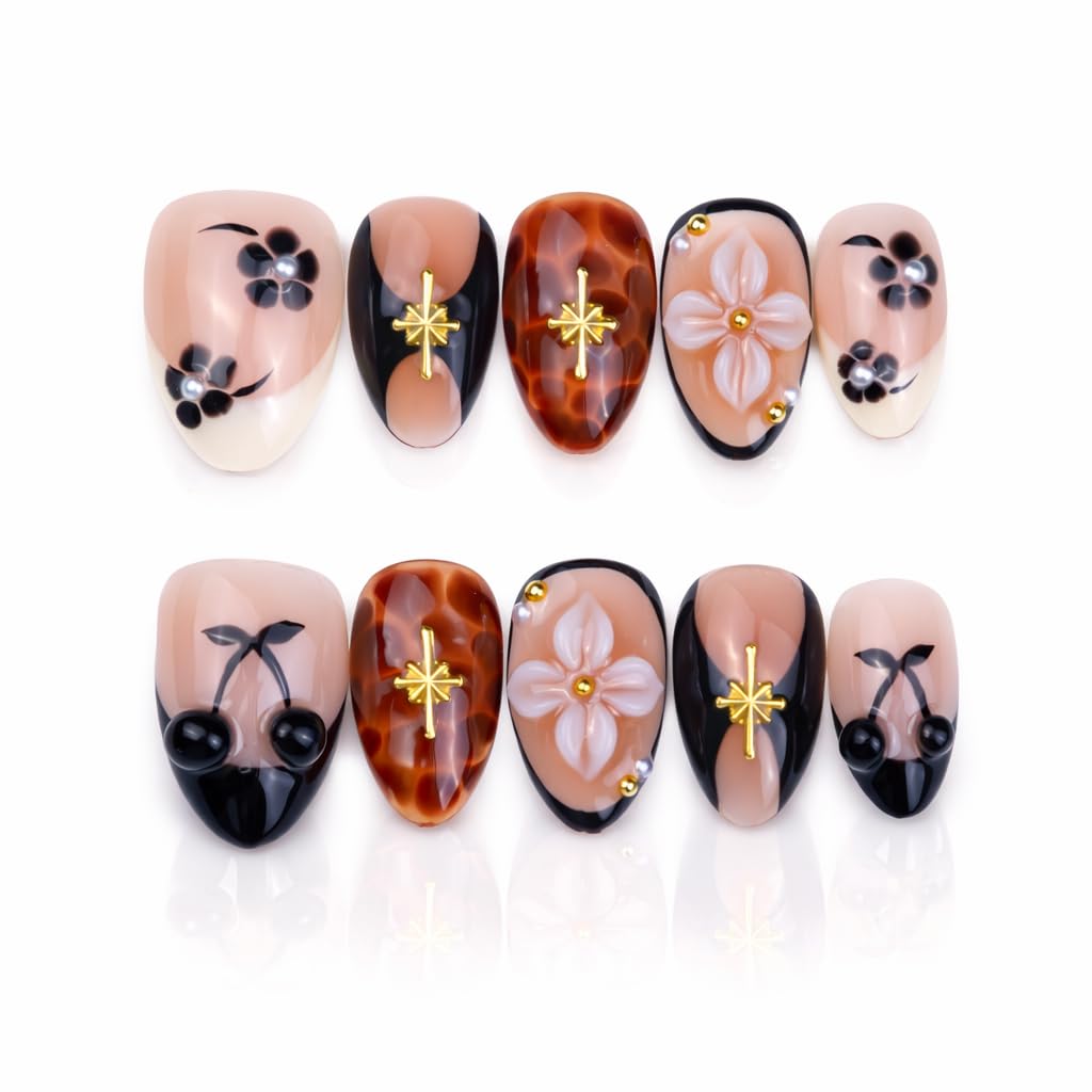 IntoVibes 10 Pieces Handmade Short Almond Press On Nails, Black Thickened False Nails, 3D Cherries And Flowers, Reusable Fake Nails Almond, Reusable Acrylic Nails (M)