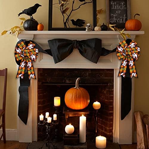 2PCS Halloween Wreath Bows Halloween Decor Bows Ghost Boo Buffalo Plaid Burlap Linen Bows for Wreath, Halloween Fabric Ribbon Bows for Home Party Indoor Outdoor Decoration Wreath Ornament Supplies