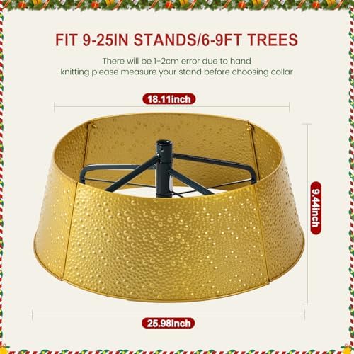 Sweetcrispy 26inch Metal Christmas Tree Collar, 4-Panel Base Cover for 7.5ft Artificial Trees, Rustproof & Easy Assembly, Sturdy & Durable for Holiday Decor, Gold