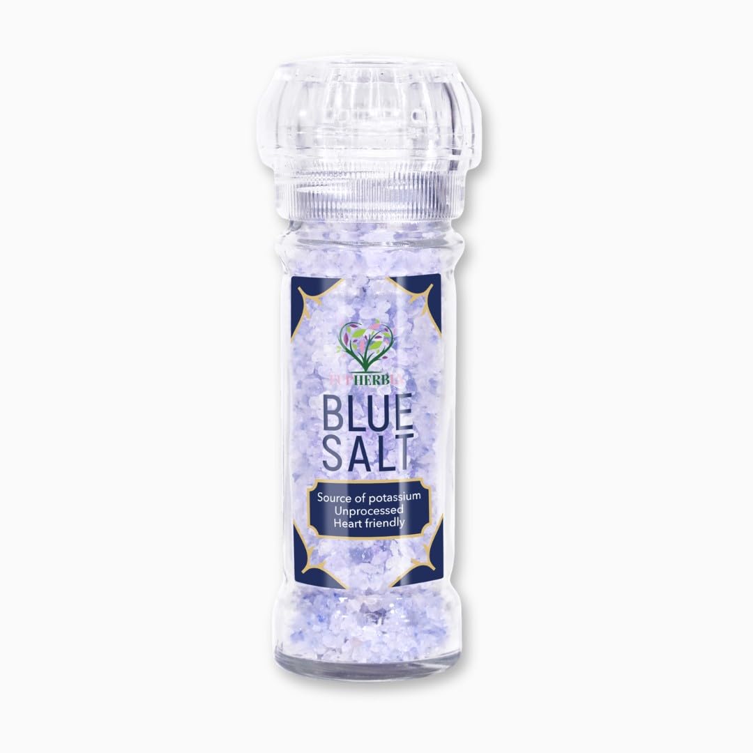 EUPHERBIA Blue Salt, Coarse, Rare Mineral Salt, High Potassium, Lower Sodium, Natural, Unprocessed, Hand Harvested, Kosher Certified (100g with Grinder)
