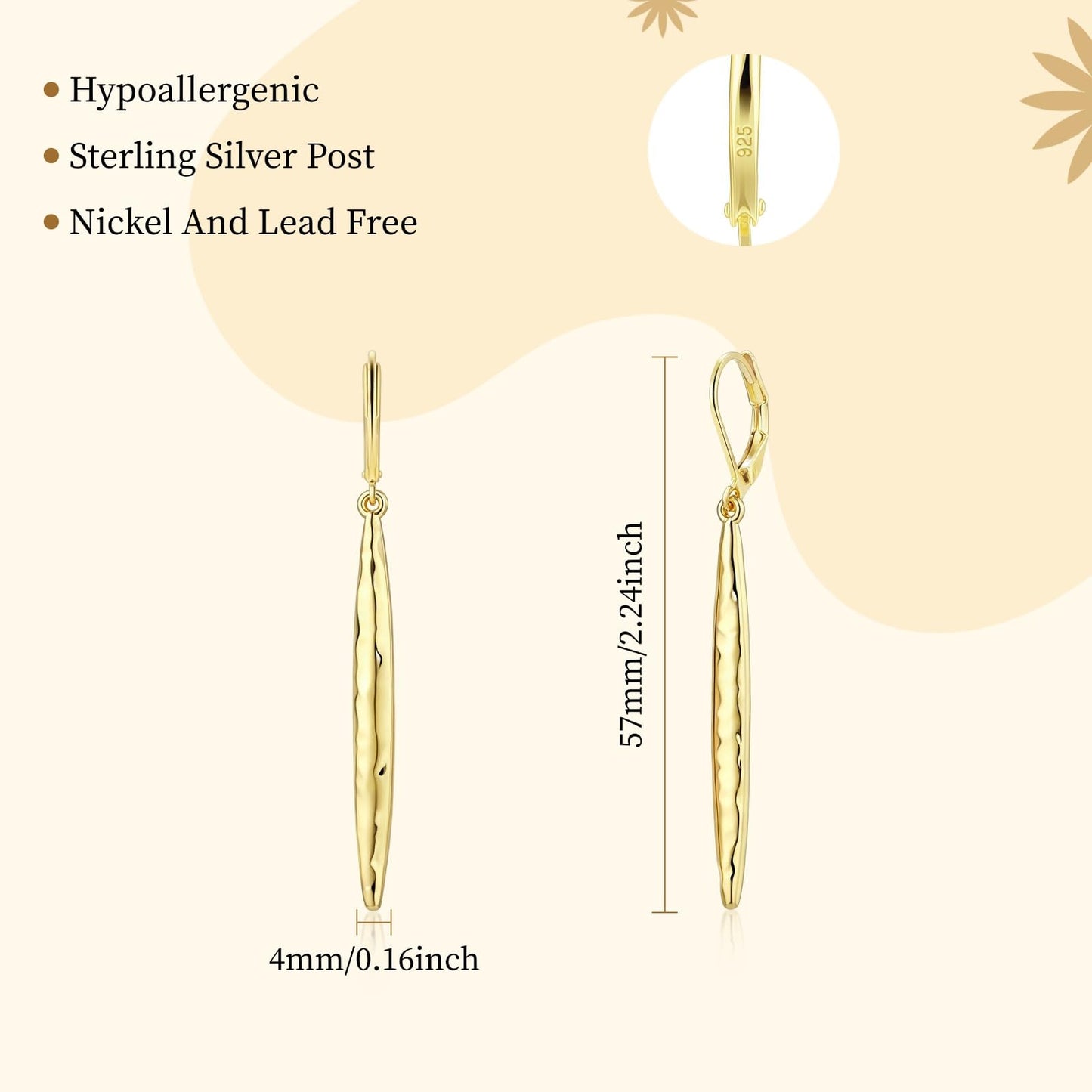 Hammered Long 14K Gold Dangle Earrings for Women Lightweight Leverback Drop Earrings Jewelry Gift