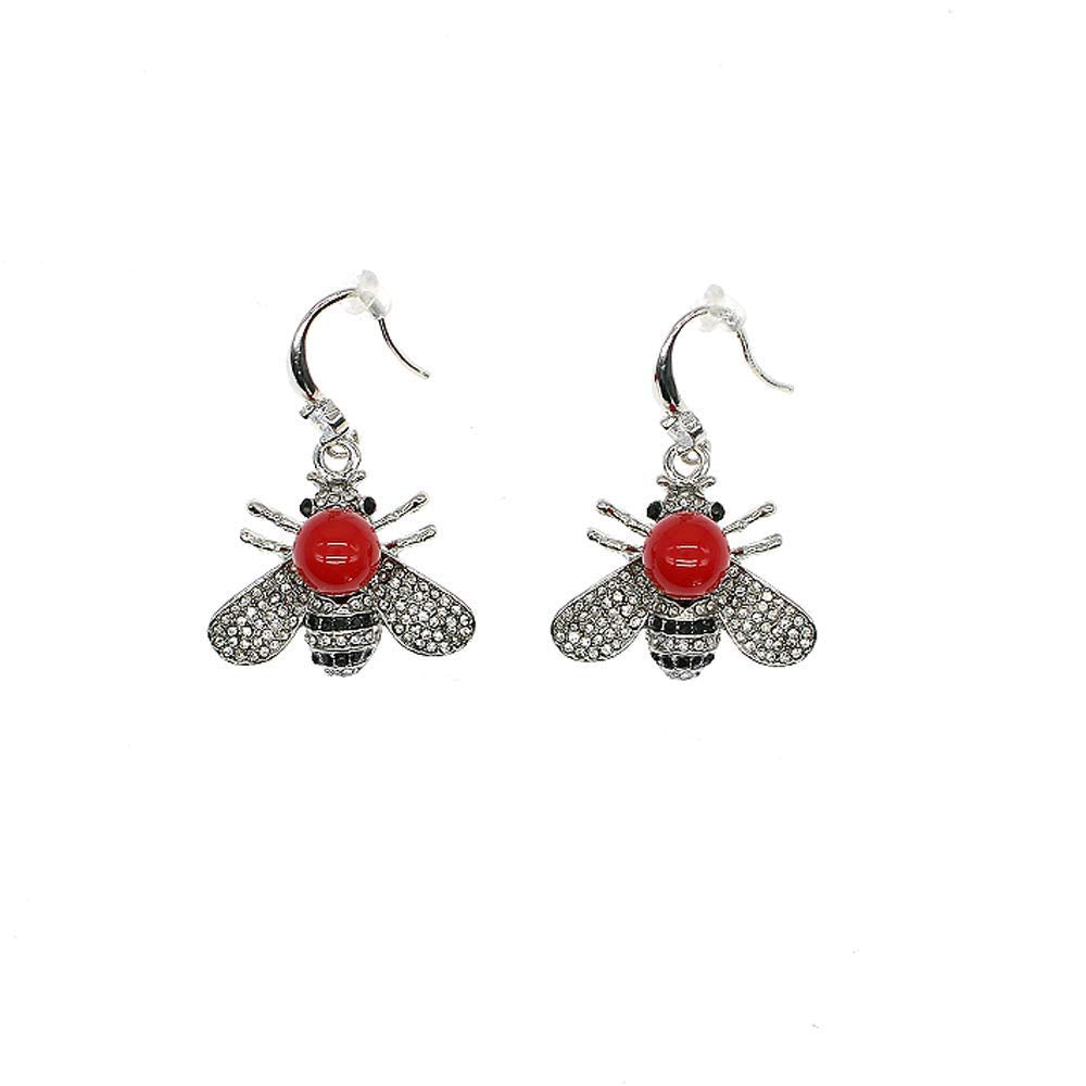 Honey Bee Drop Earrings Crystal Insect Themed Dangle Earring Animal Fashion Shell Pearl Hook Earring Platinum Tone for Women Jewelry (Platinum Red Pearl earring)