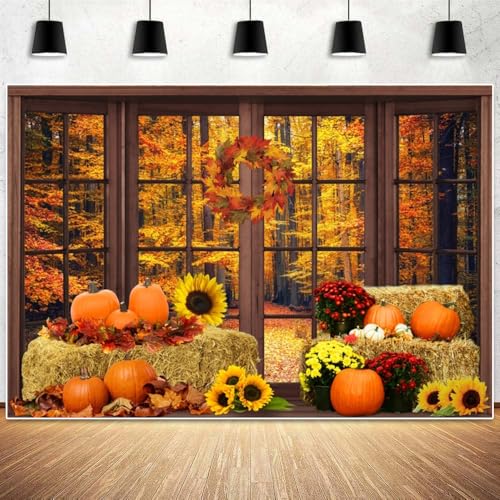 Leowefowa 12x10ft Vinyl Fall Window Backdrop Autumn Forest Pumpkin Photography Background Thanksgiving Party Decorations Baby Shower Birthday Party Background Photo Booth Props - size: 12x10ft