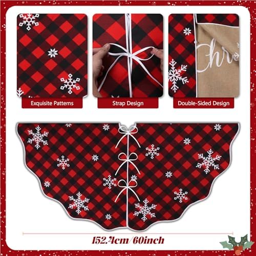 OurWarm Christmas Tree Skirt 60 Inches, Buffalo Plaid Red Tree Skirt for 7 ft Tree or 9ft Tree, Double Sided Burlap Tree Skirt Snowflake Xmas Tree Skirts for Winter Rustic Boho Farmhouse Tree Decor
