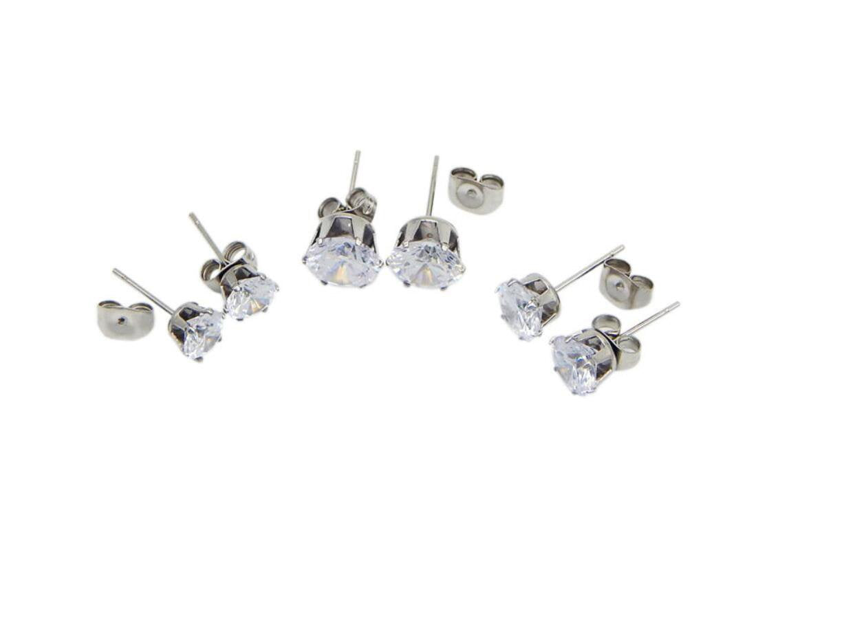 Stainless Steel Stud Earrings Hypoallergenic Cubic Zirconia (6Pairs) (Silver)