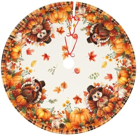 Thanksgiving Christmas Tree Skirt 36 Inch Fall Turkey Pumpkin Xmas Tree Mat Party Decor Supplies for Holiday Home Decorations