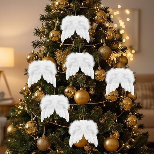Janinka 15 Pcs Angel Feather Wing Christmas Tree Decors, 2 Feather Wings Topper with Aureole Headband, 1 White Plush Xmas Tree Skirt, 12 Wings Christmas Ornaments for Home Wedding Decor