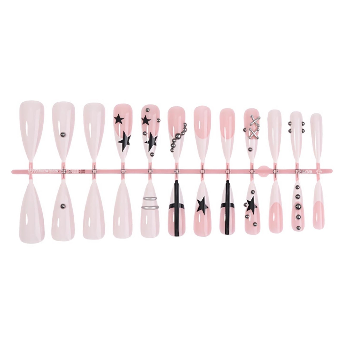 MISUD Press on Nails - Long Stiletto Fake Nails with White French Tip, Acrylic Goth Y2K Star Charms Design 24 pcs