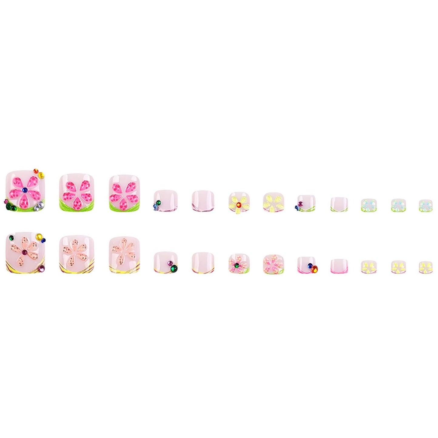 RUOKEXIN Short Press on Toenails French Tip Fake Toenails with 3D Flower Rhinestones Designs Square Toe Nail Press ons Glossy Artificial Nails for Women 24Pcs