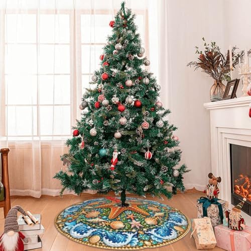 Beach Starfish Christmas Tree Skirt Xmas Tree Skirt, Winter Christmas Tree Mat for Home Party Holiday Indoor Outdoor Decorations