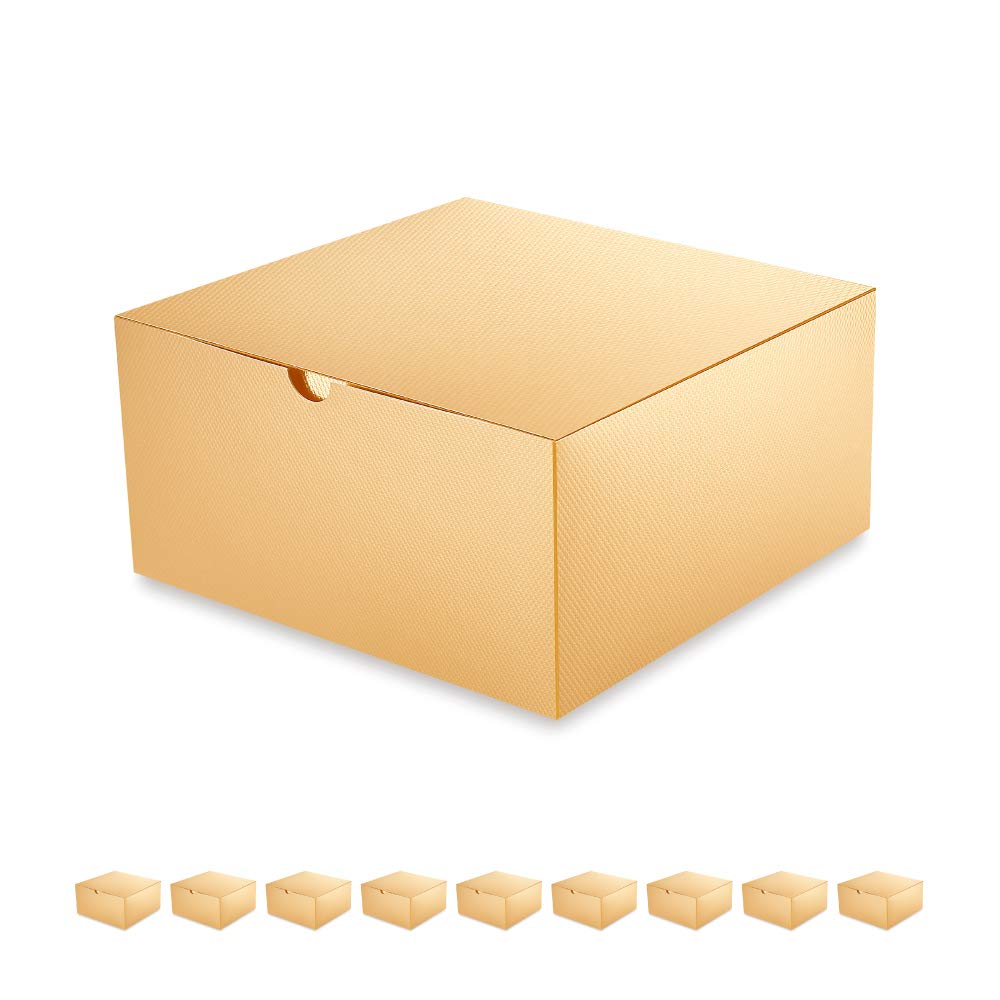 PACKQUEEN Gold Gift Boxes with Lids 10 Pack 8x8x4 Inches, Paper Bridesmaid Proposal Boxes, Christmas Gift Boxes in Bulk for Wedding, Party, Light Weight Gifts (Glossy Gold, Grain Texture)