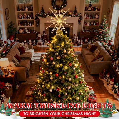 Meonum LED Starburst Christmas Tree Topper with Timer, Golden, 16inch