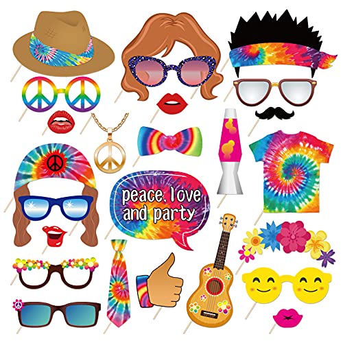 25Pcs Hippie Photo Booth Props with Stick, 60's 70's Groovy Theme Selfie Props, Tie Dye Birthday Party Supplies, Peace Sign Photography Backdrop Decorations