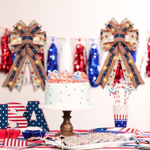 2 Pcs Patriotic 4th of July Lighted Wreath Bow Large Red White and Blue 250th Anniversary Burlap Tree Topper American Flag Star Independence Memorial Day Indoor Outdoor Decoration(Simple)