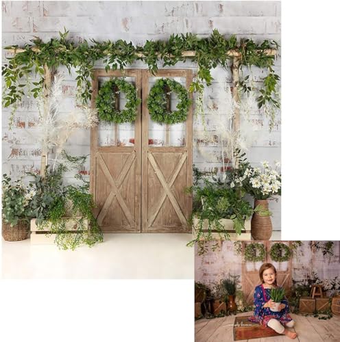 Kate Rustic White Painted Brick Wall Wood Door Photography Backdrops 10x10ft Spring Green Grass and Flowers Photo Backgrounds Baby Shower Backdrop Photoshoot Props - size: 10x10ft