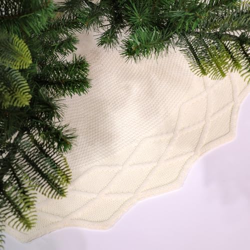 WBHome Christmas Tree Skirt, 48 inch Cable Knit Knitted Thick Rustic Holiday Decoration, Christmas White