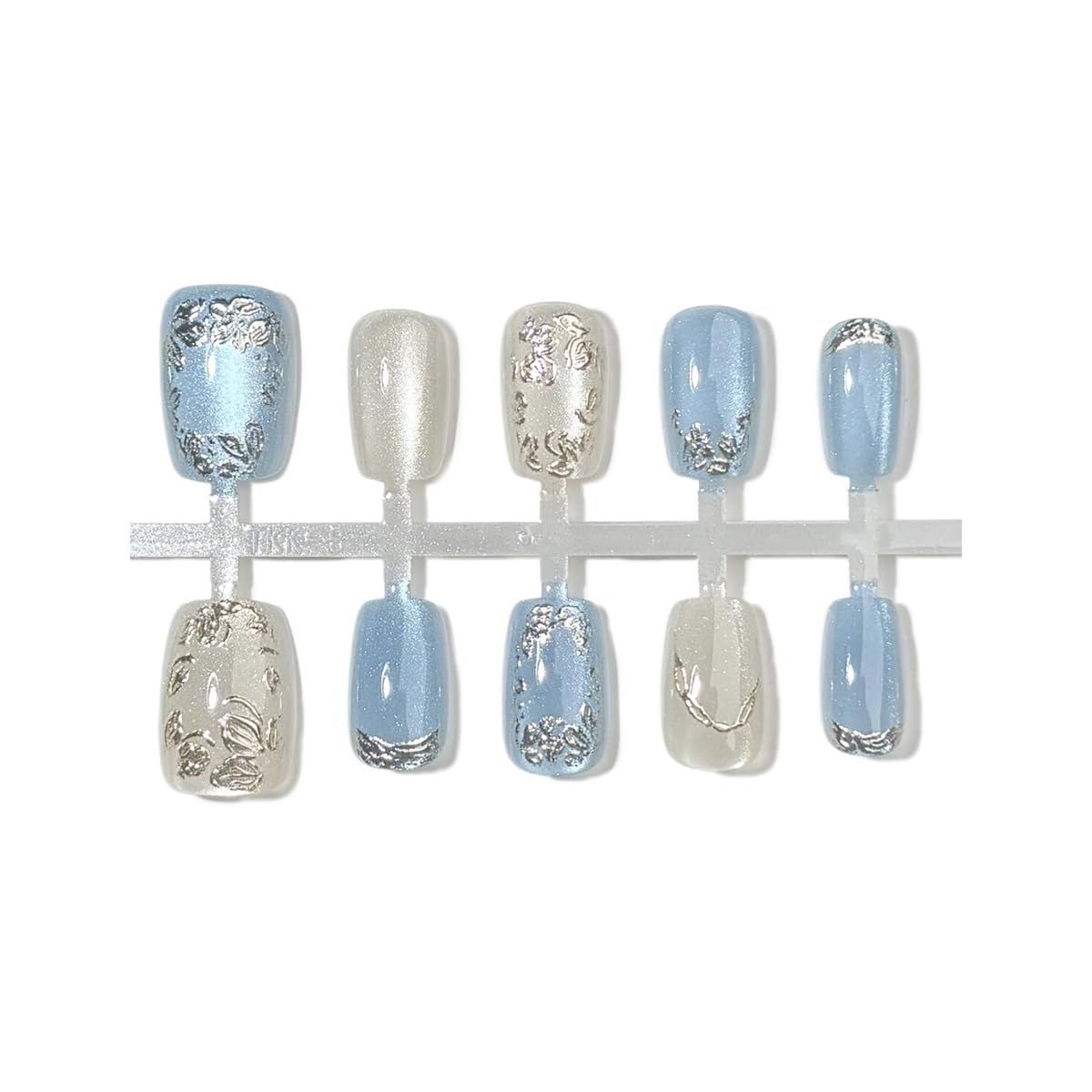 Square Press on Nails Short Fake Nails with 3D Gold Silvery Flowers Design Glitter Blue French False Nails Glossy Acrylic Glue on Nails Full Cover Spring Floral Stick on Nails for Women 30Pcs