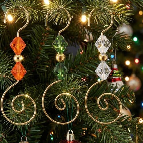 30PCS Ornament Hangers with Gold S Hooks Crystal Beads, Reusable Decorative Ornament Hangers Hooks for Holiday Decor