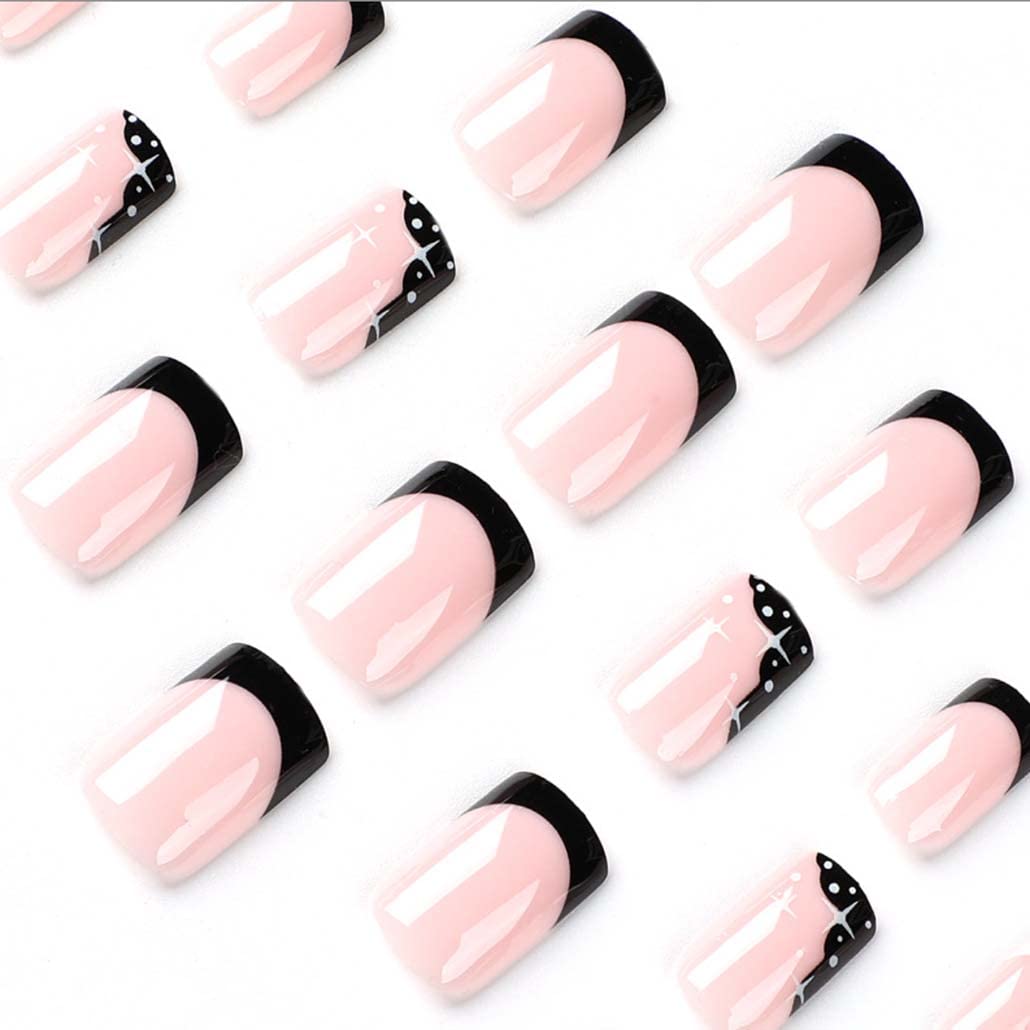 Foccna French Tip Black Press on Nails Medium White Fake Nails Square Glossy False Nail Tips Artificial Finger Manicure for Women and Girls 24pcs